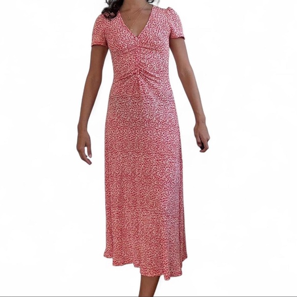 Mango Red Floral Midi Dress with Short Sleeves - Picture 2 of 7